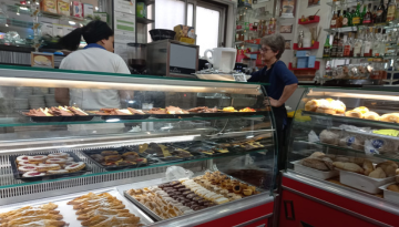 a close up of a doughnut shop